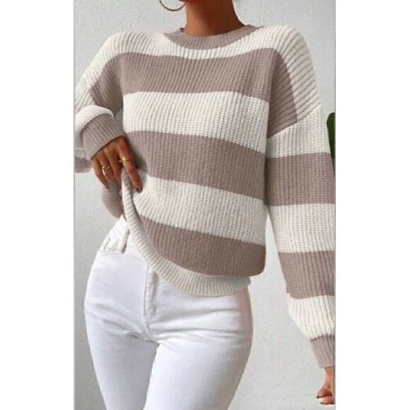 Round Neck  Color Block Drop Shoulder Pullover - Picture 1 of 5